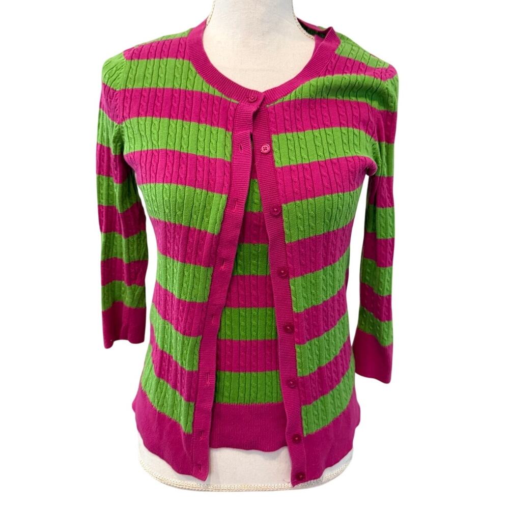 Talbots Lightweight Cotton Cable Knit Sweater Set Lime Fuchsia S